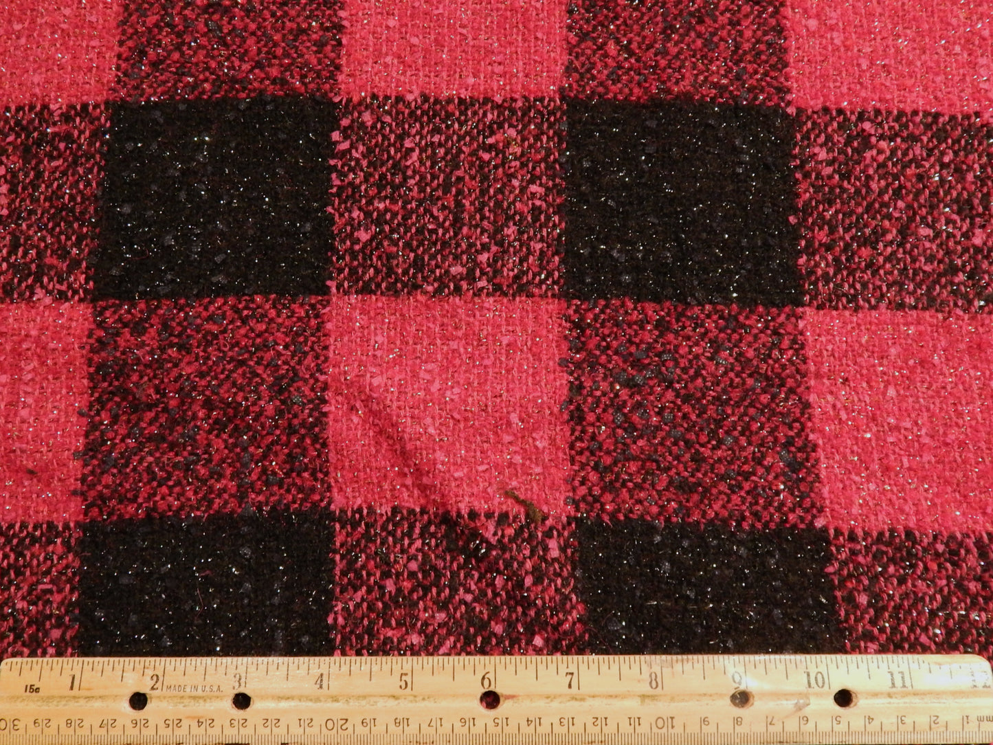 Magenta & Black Metallic Wool Blend Plaid Tweed