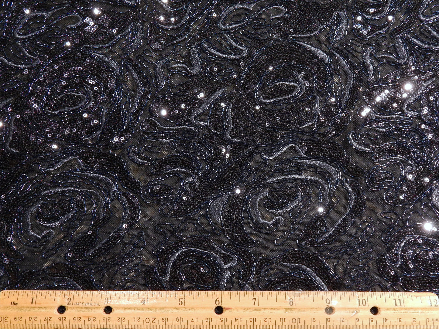 Navy Sequined Blossom Embroidery Mesh Lace - Telio