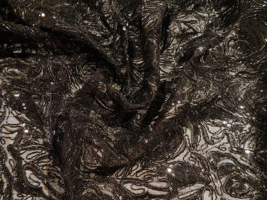 Black Sequined Blossom Embroidery Mesh Lace - Telio