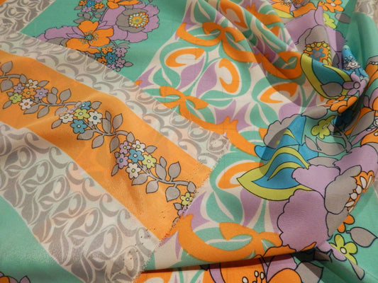 Retro Lilac, Orange, & Turquoise Floral Stripe Angelica Crepe