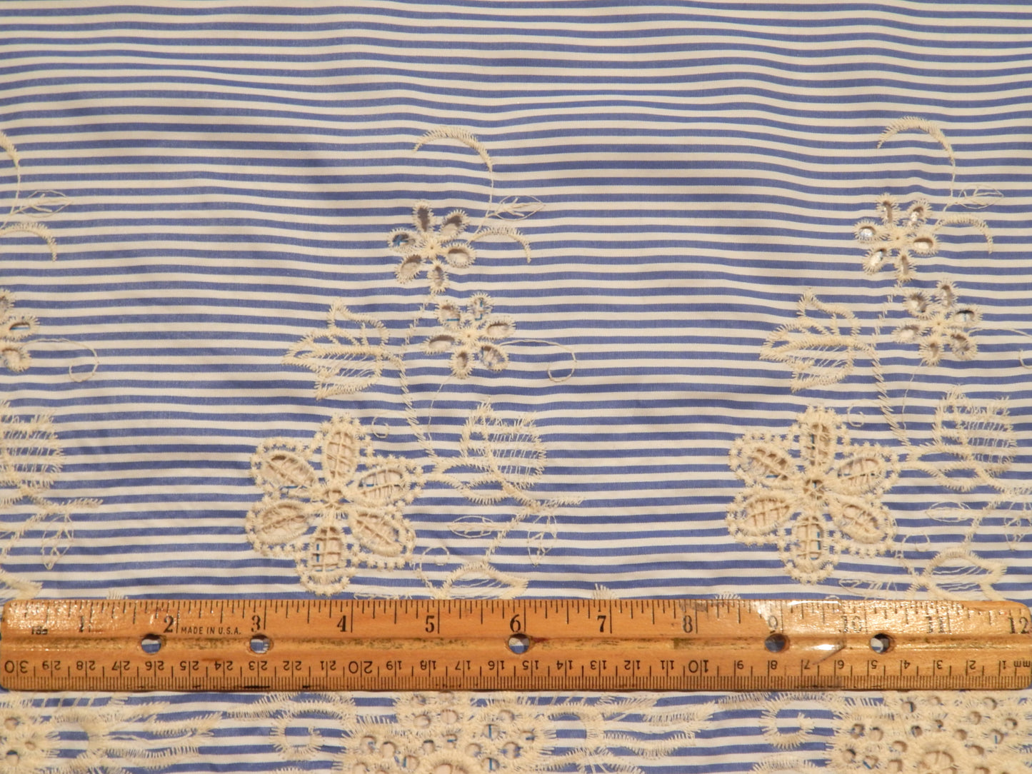 Ivory Embroidered Scallop Blue and White Striped Shirting