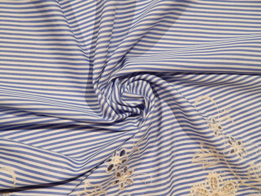 Ivory Embroidered Scallop Blue and White Striped Shirting