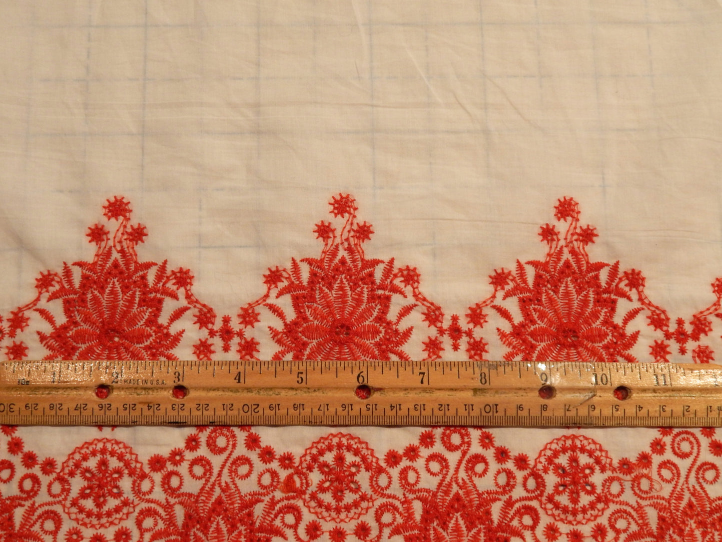 Red and White Floral Embroidered Border Cotton Lawn