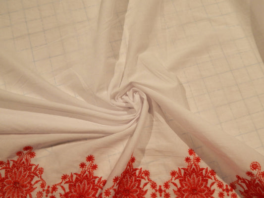 Red and White Floral Embroidered Border Cotton Lawn