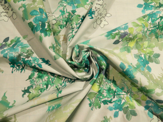 Green and White Floral Print Poplin - Telio
