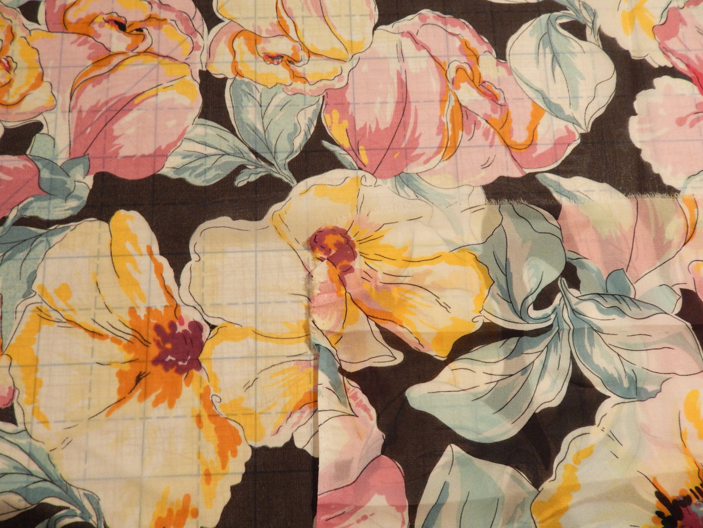 Pastel Hibiscus on Black Silk Chiffon