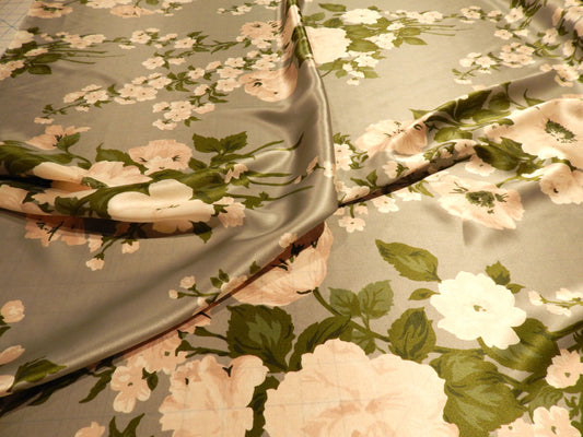Sage and White Floral Blossom Silk Charmeuse