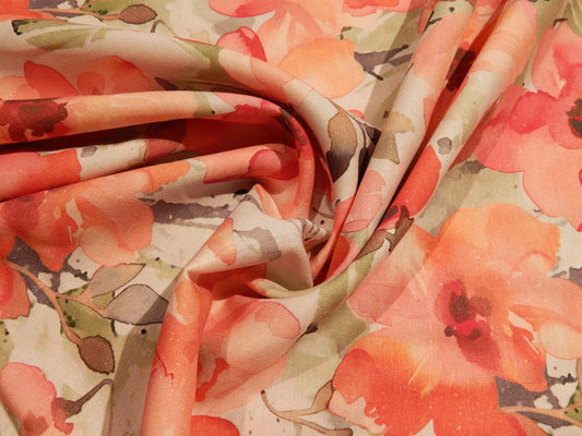 Coral Water Color Floral Linen/Rayon Blend - Telio