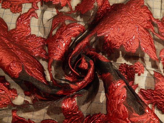 Crimson Red and Black Brocade Organza