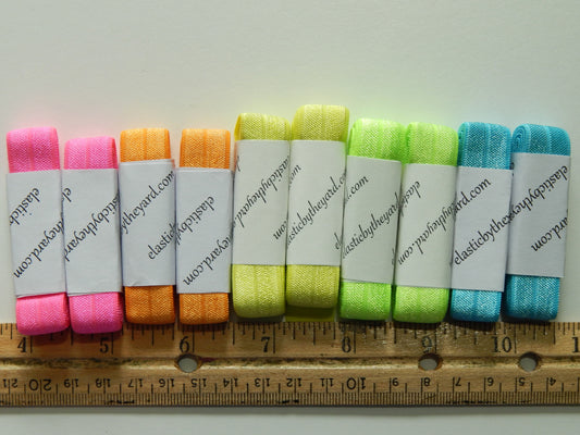neon pink, orange, yellow, green, and blue fold over elastic