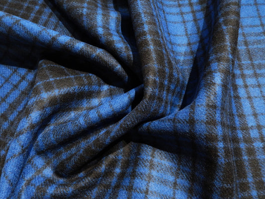 black and cobalt plaid wool coating fabric