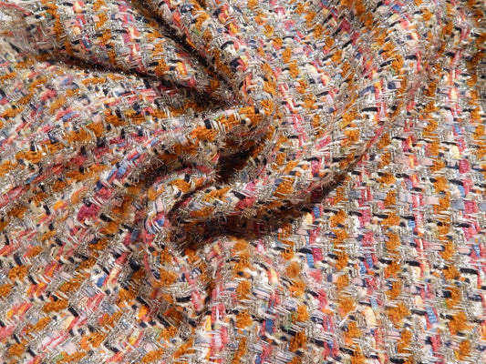 pink white black orange and blue metallic tweed woven fabric