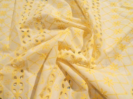 yellow daisy and white cotton screen printed eyelet fabric