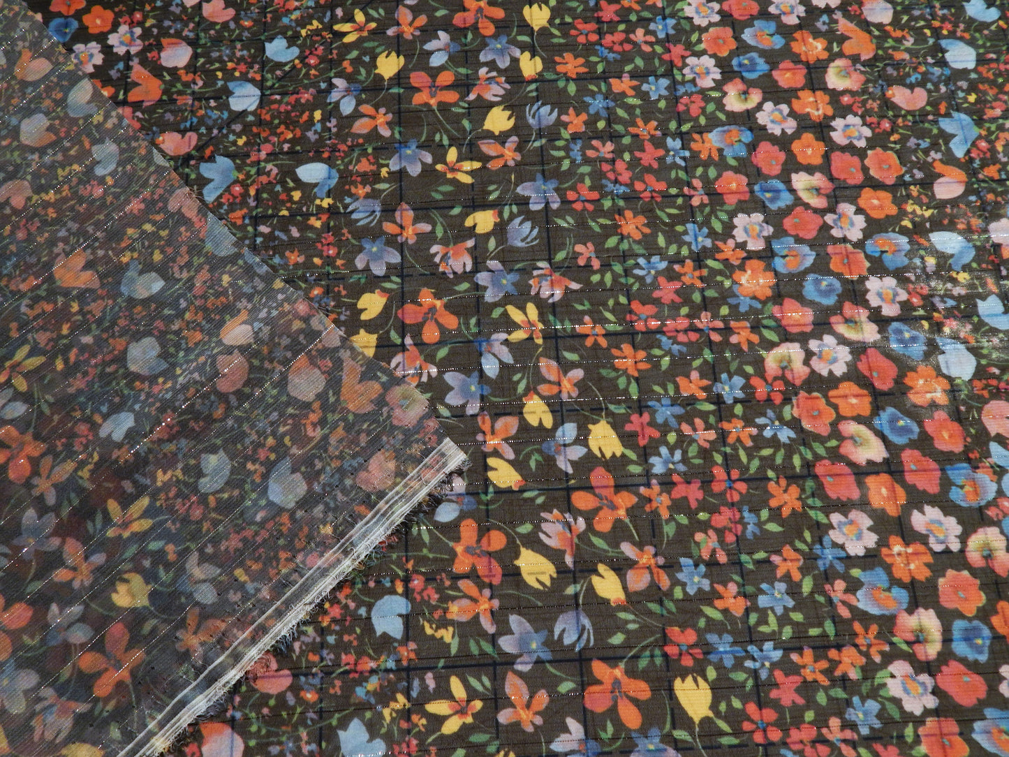 Floral Meadow Black Metallic Chiffon