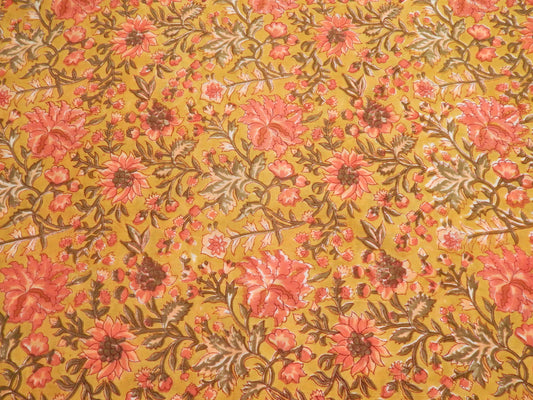 Floral and Vine Pink & Olive - Handprinted Bagru Indian Cotton