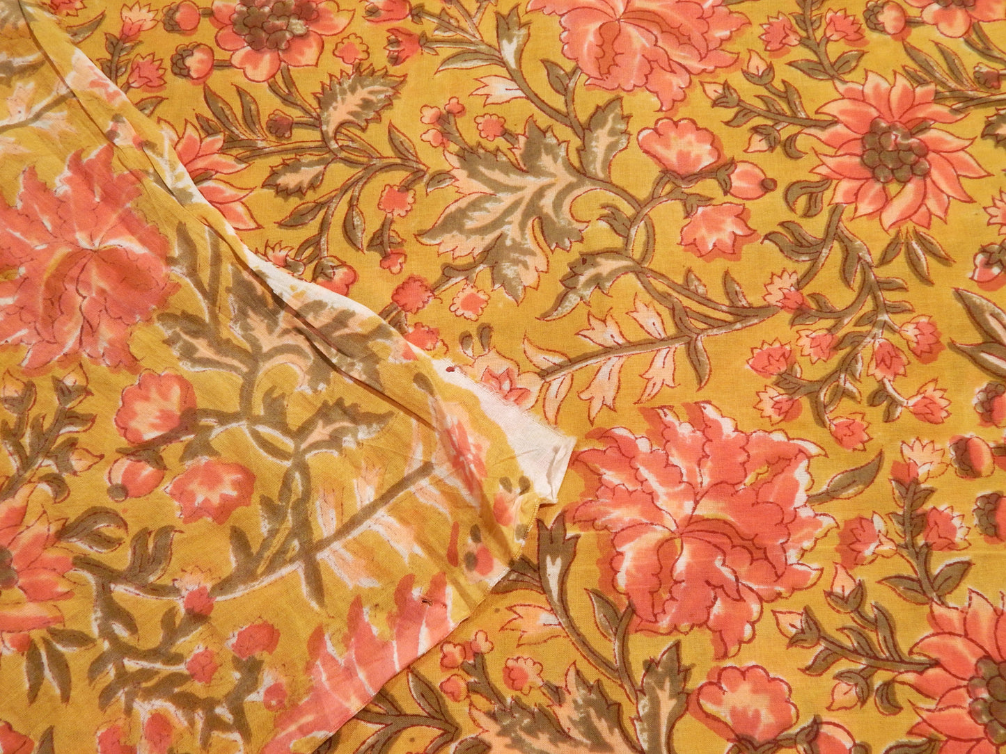 Floral and Vine Pink & Olive - Handprinted Bagru Indian Cotton