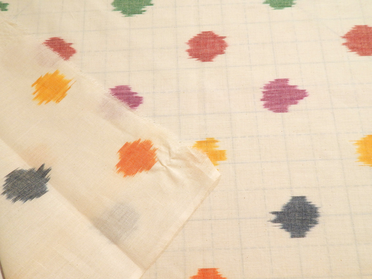 Rainbow Teardrops on White Cotton Ikat - Hand Dyed and Woven in India
