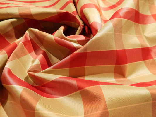 Red and Taupe Plaid Silk Taffeta w/ Fused Backing