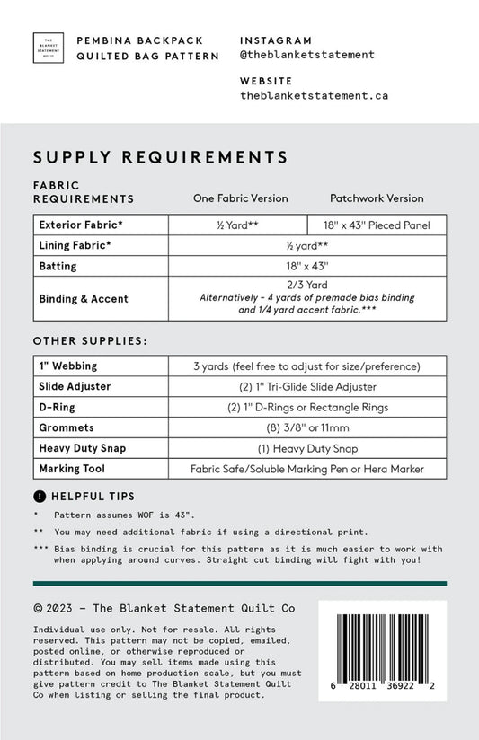 Supply requirements for a quilted bag pattern with fabric and other supplies listed.