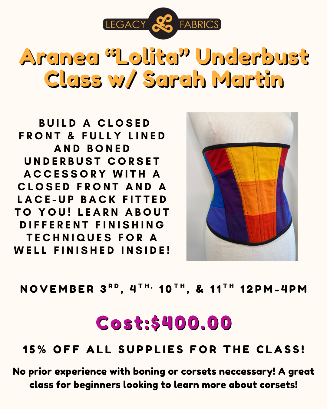 Aranea “Lolita” Underbust Corset Class with Sarah Martin