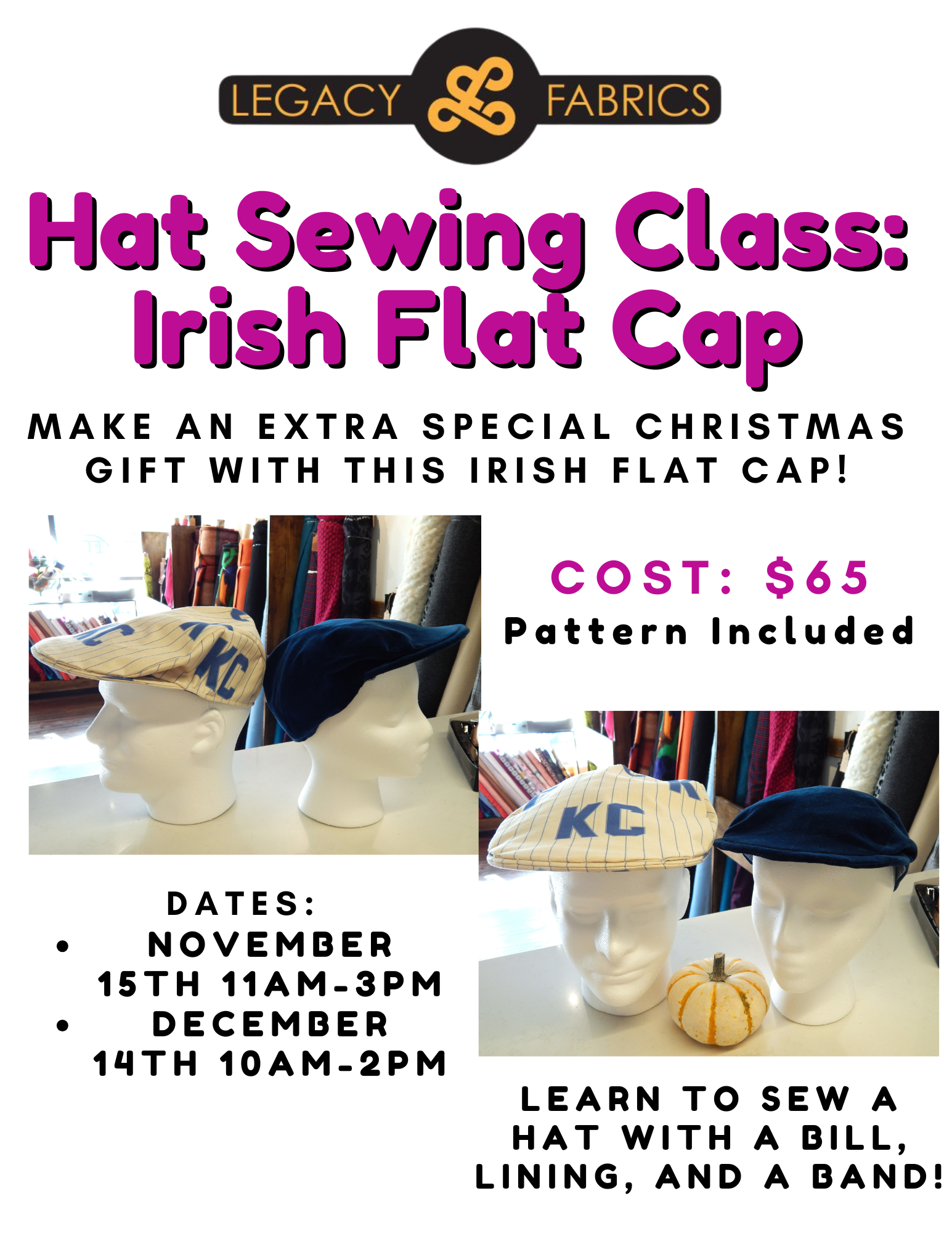 Irish Flat Cap Hat Sewing Class in Kansas City Legacy Fabrics