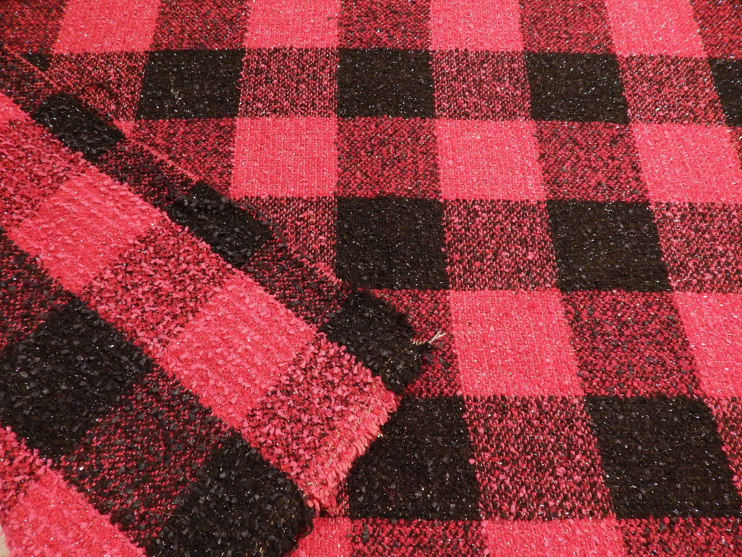 Magenta & Black Metallic Wool Blend Plaid Tweed