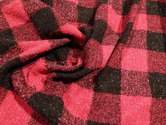 Magenta & Black Metallic Wool Blend Plaid Tweed