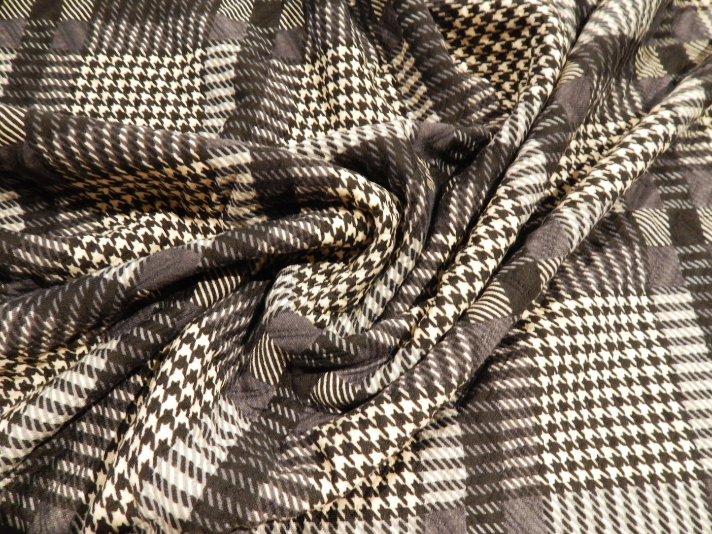 black ivory and grey houndstooth plaid double knit deadstock fabric