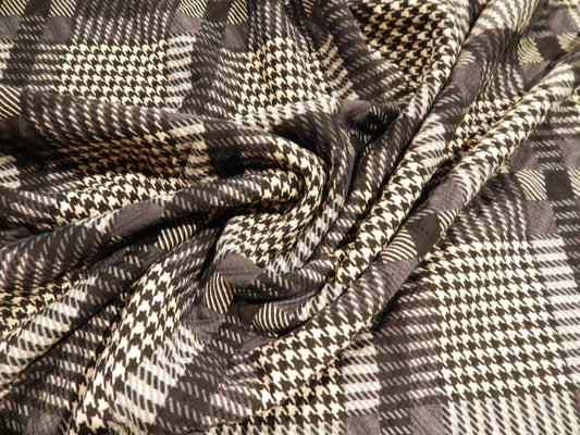 black ivory and grey houndstooth plaid double knit deadstock fabric