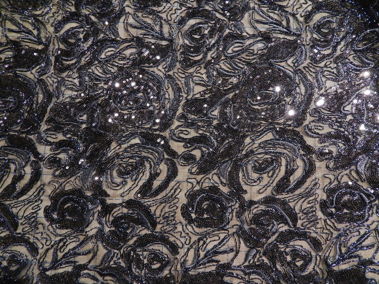 Navy Sequined Blossom Embroidery Mesh Lace - Telio