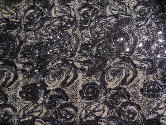 Navy Sequined Blossom Embroidery Mesh Lace - Telio