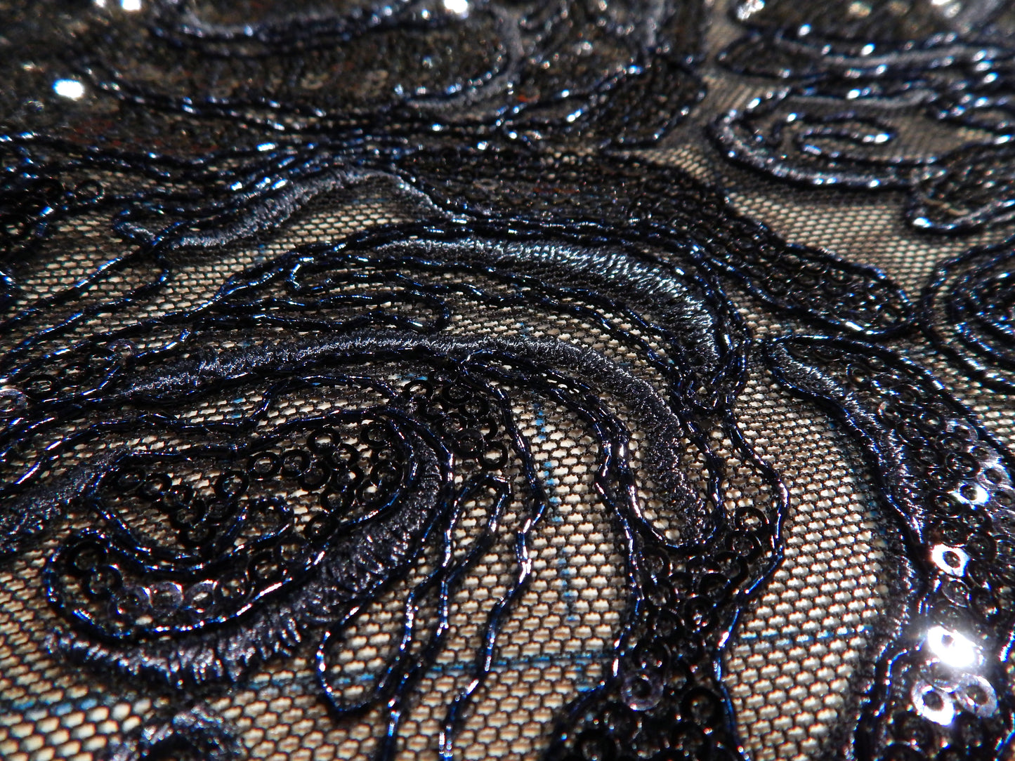 Navy Sequined Blossom Embroidery Mesh Lace - Telio