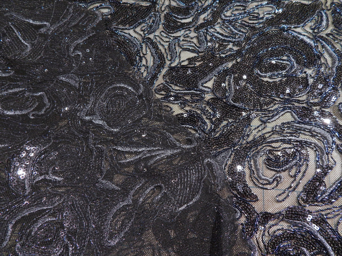 Navy Sequined Blossom Embroidery Mesh Lace - Telio