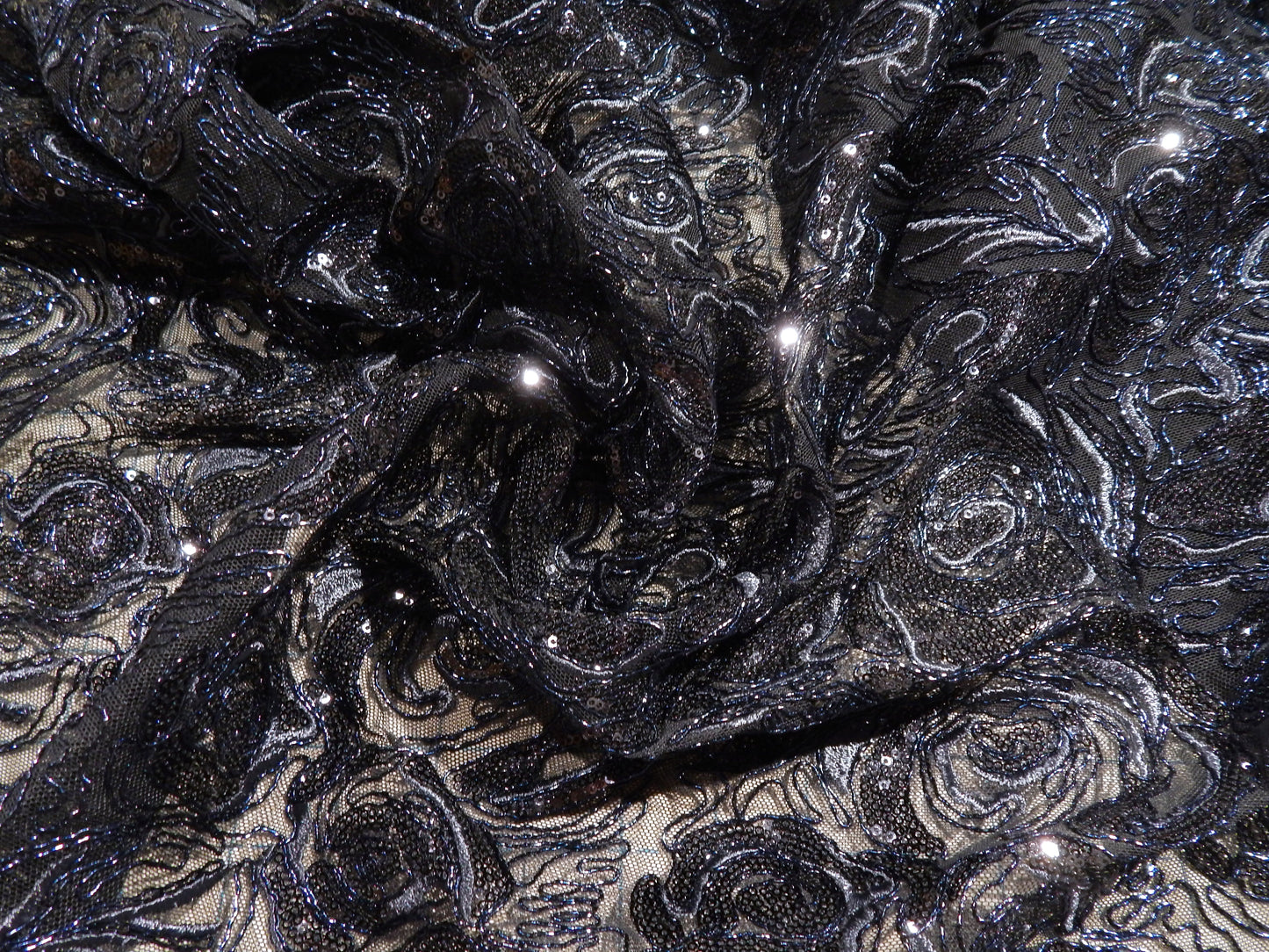 Navy Sequined Blossom Embroidery Mesh Lace - Telio