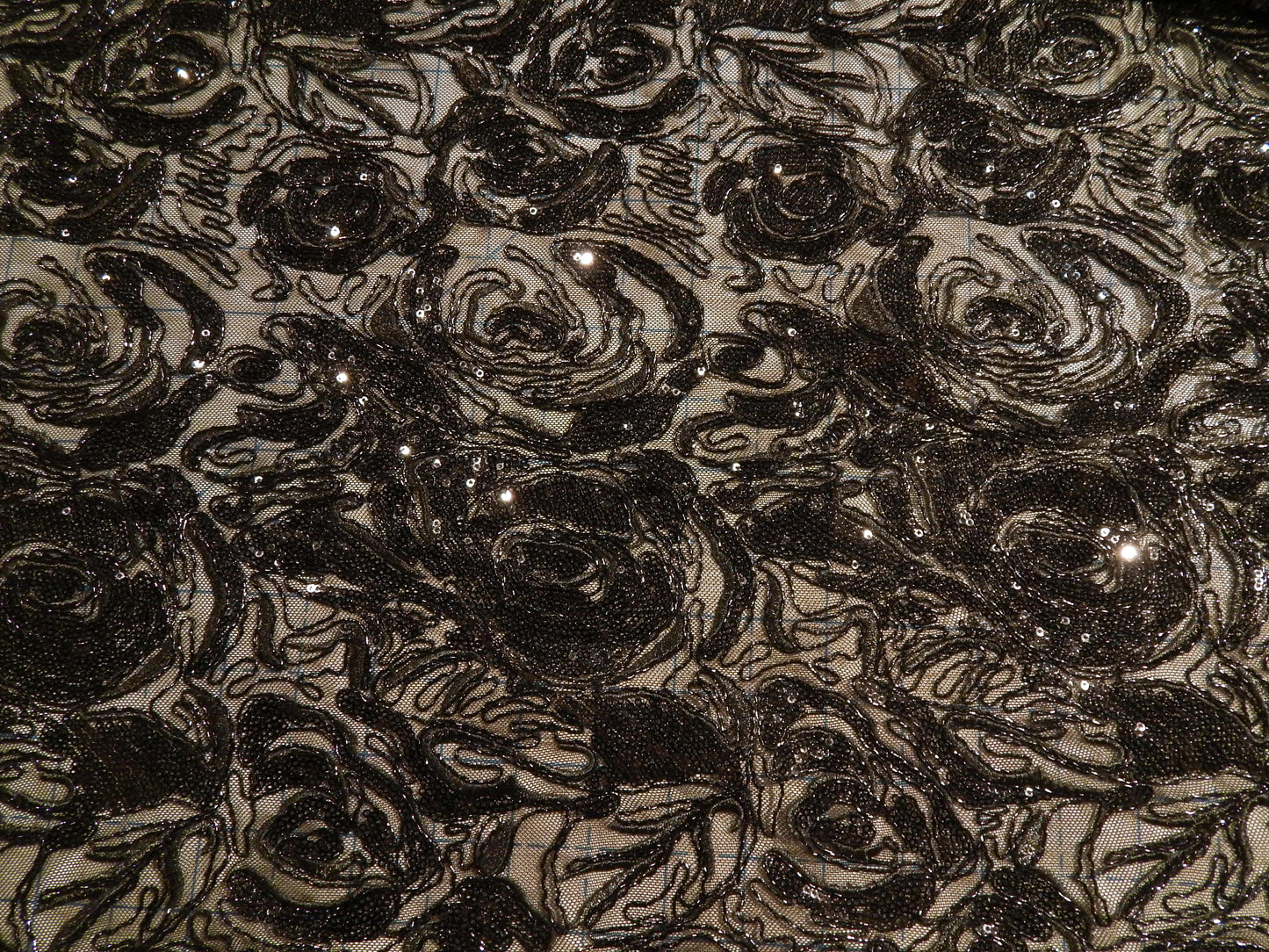 Black Sequined Blossom Embroidery Mesh Lace - Telio