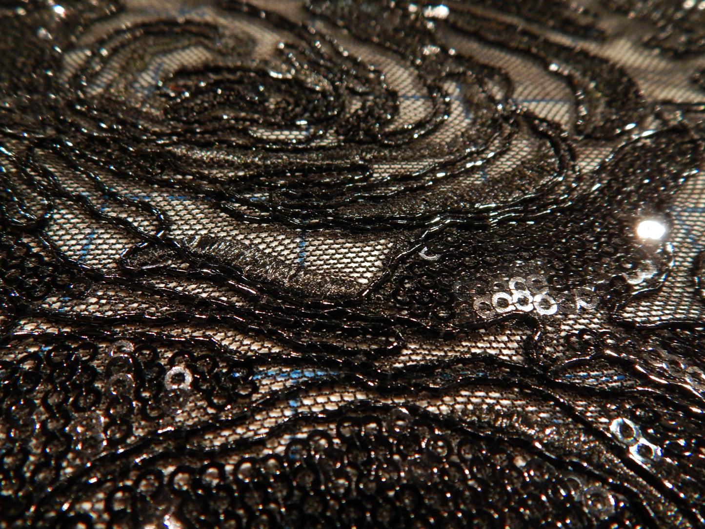 Black Sequined Blossom Embroidery Mesh Lace - Telio