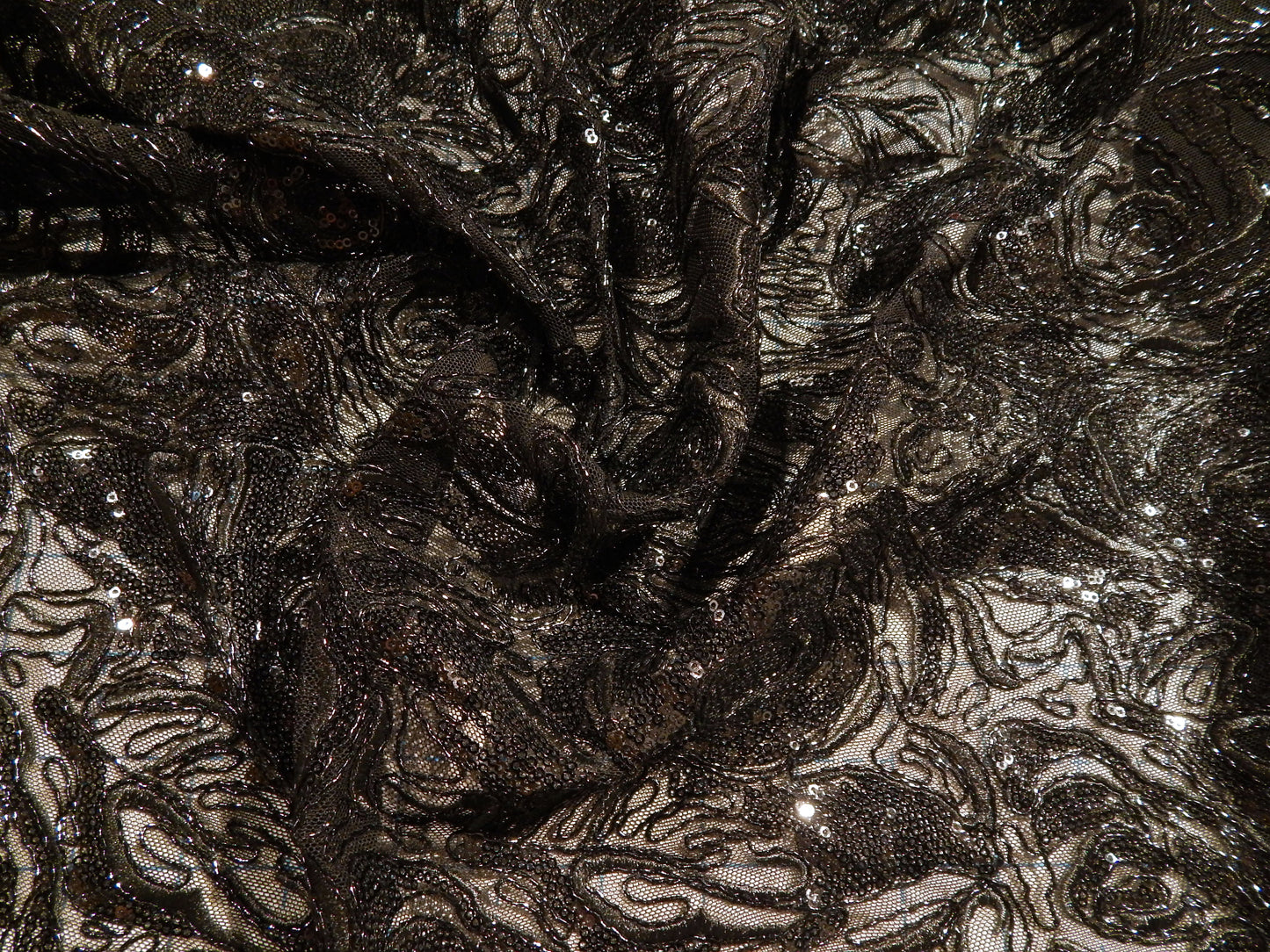 Black Sequined Blossom Embroidery Mesh Lace - Telio