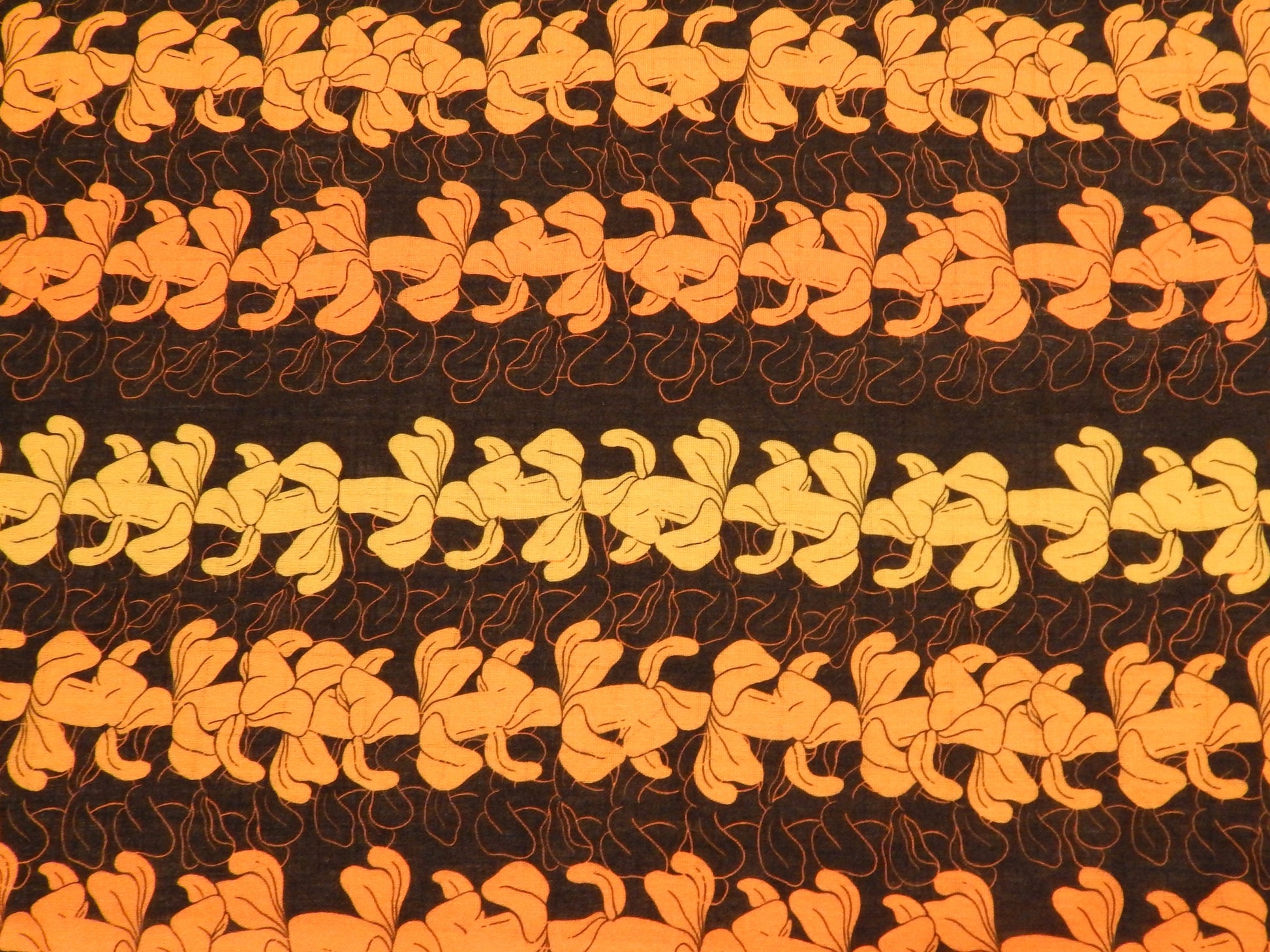 mod yellow orange and gold floral striped linen fabric vintage 70s style print deadstock