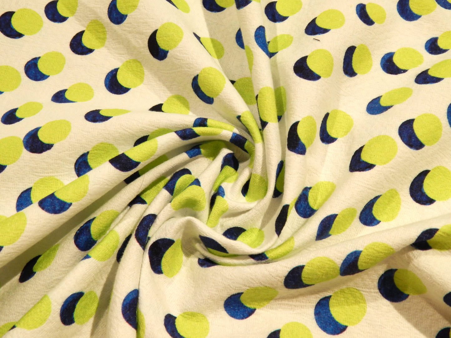 mod green and blue polka dot cotton linen blend deadstock fabric linen jacquard