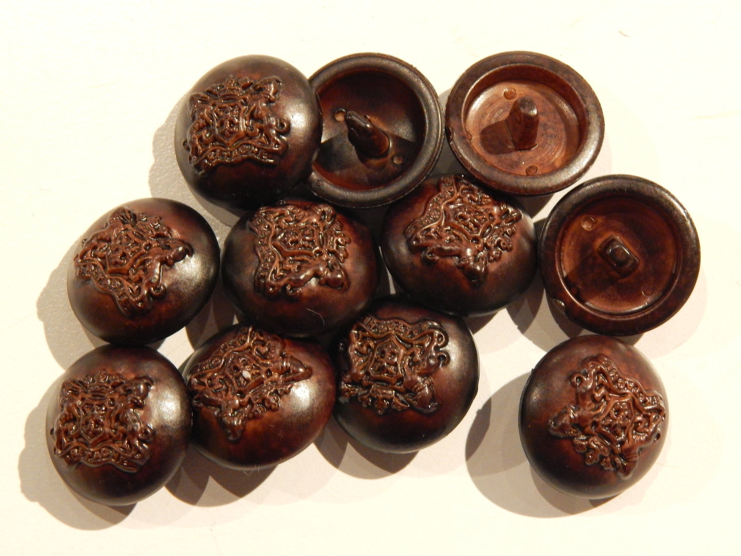Royal Crested Burnished Brown Faux Leather Shank Buttons