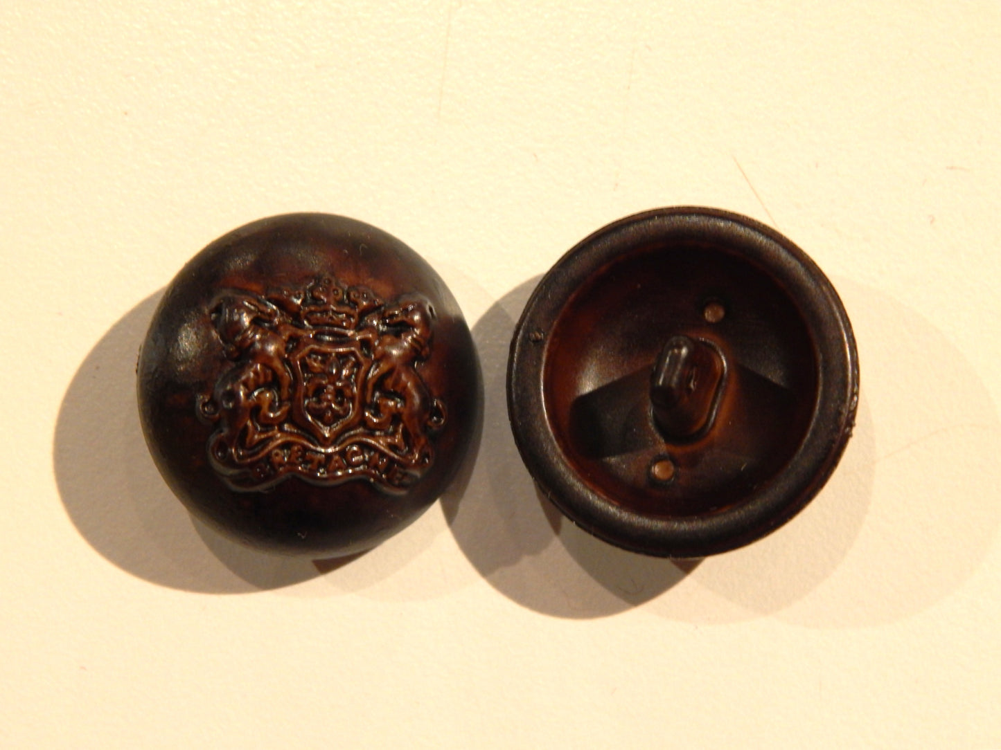 Royal Crested Burnished Brown Faux Leather Shank Buttons