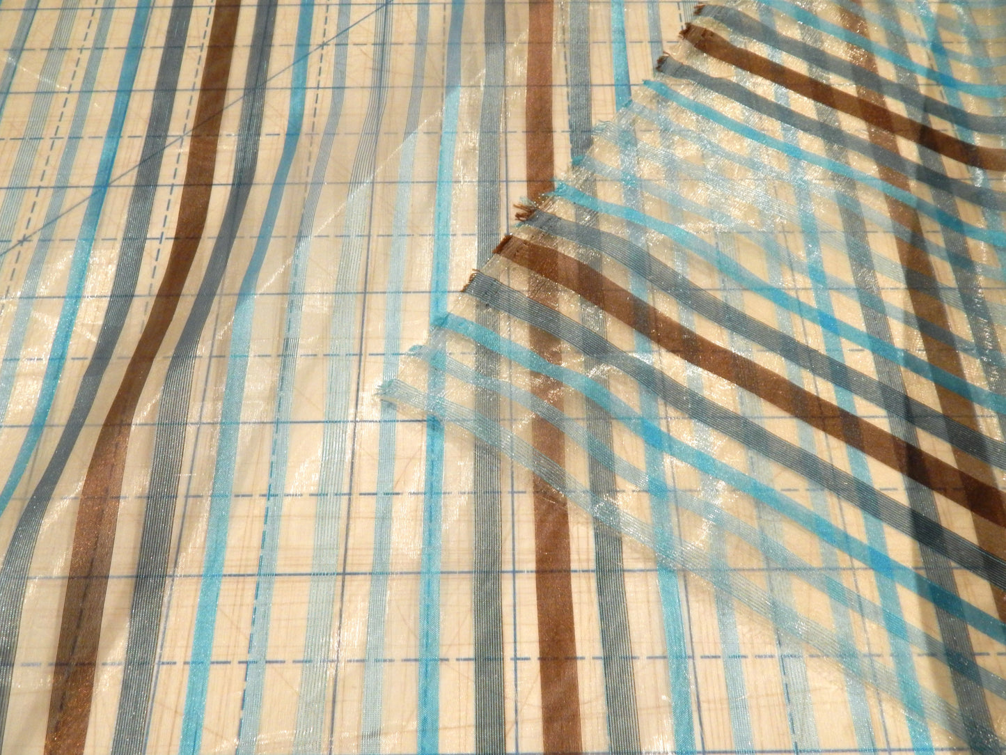 Blue & Brown Multi Stripes Organza - 114"