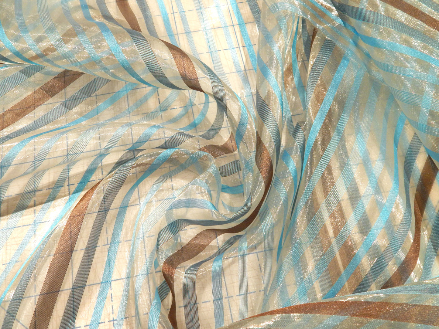 Blue & Brown Multi Stripes Organza - 114"