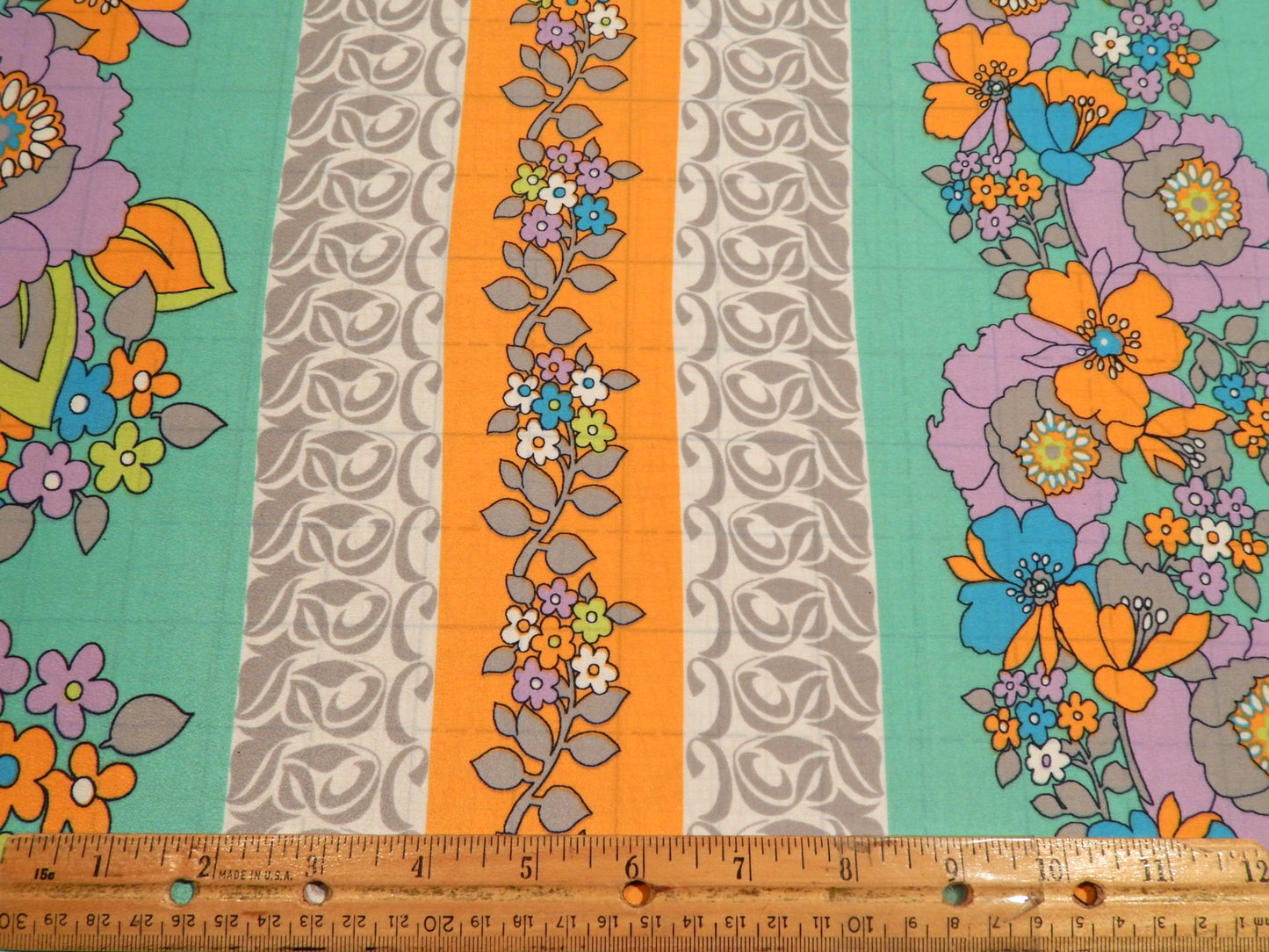 Retro Lilac, Orange, & Turquoise Floral Stripe Angelica Crepe