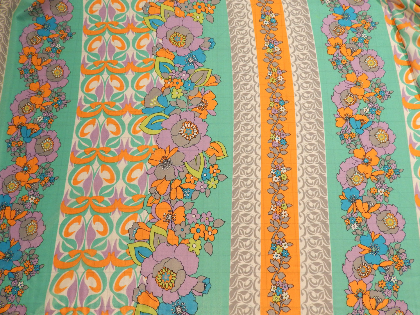 Retro Lilac, Orange, & Turquoise Floral Stripe Angelica Crepe