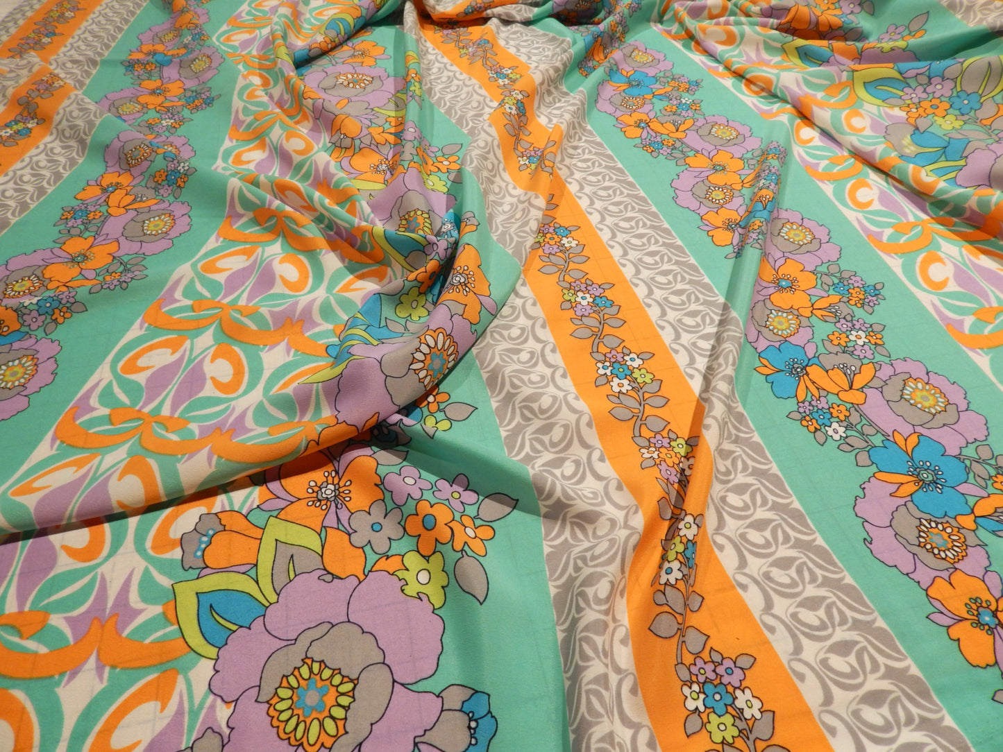 Retro Lilac, Orange, & Turquoise Floral Stripe Angelica Crepe