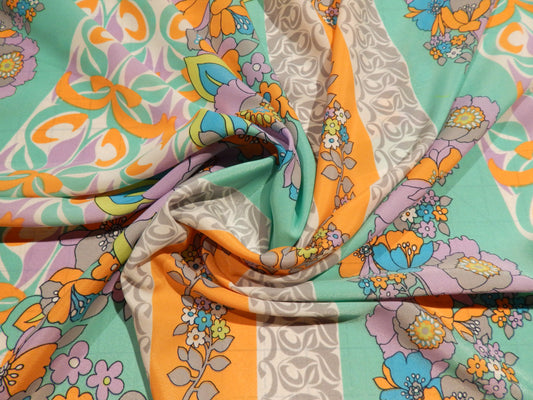 Retro Lilac, Orange, & Turquoise Floral Stripe Angelica Crepe