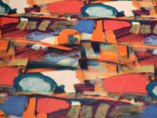 bright abstract pink orange blue bullet knit fabric deadstock