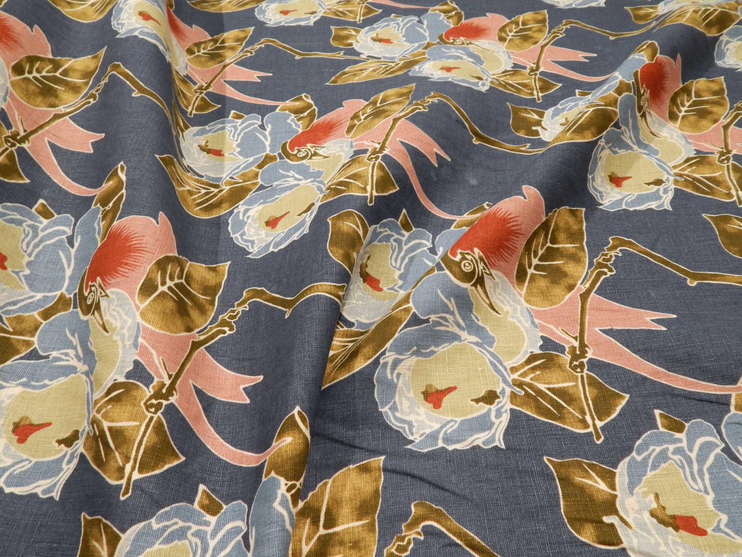 blue and pink and olive deadstock floral linen fabric