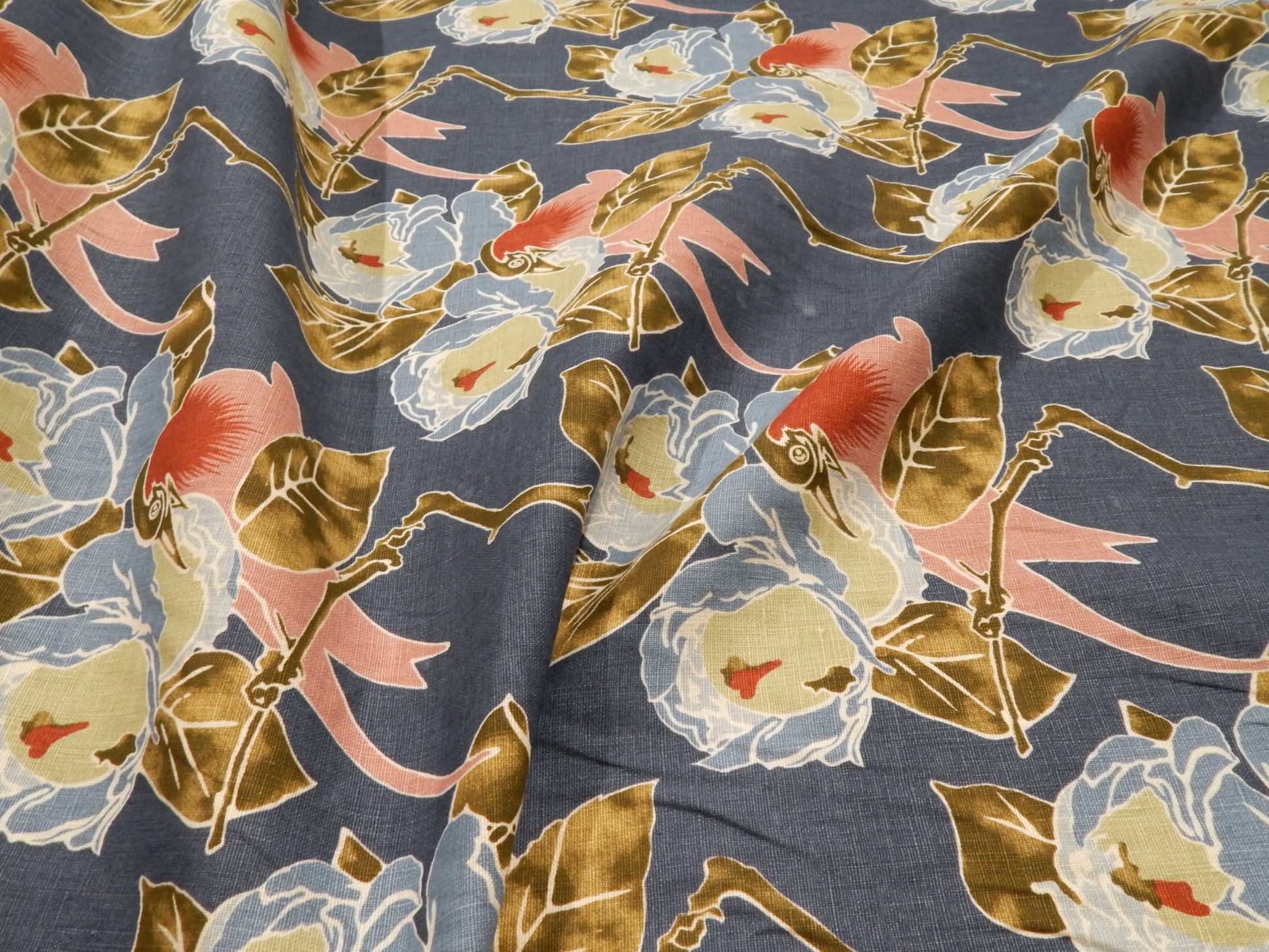 blue and pink and olive deadstock floral linen fabric